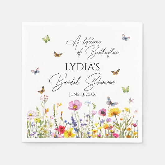 Bruiloftsfeest met vlinders en wilde bloemen voor  servet (Voorkant)