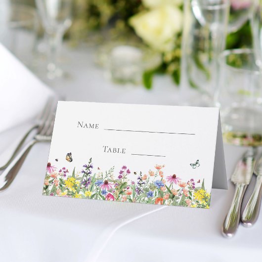 Bruiloftsfeest met wilde bloemen & vlinders plaatskaartje