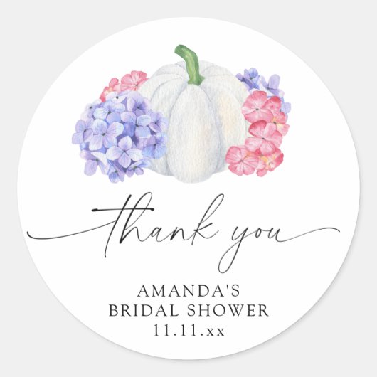 Bruiloftsfeest met witte pompoen en hortensia bloe ronde sticker (Voorkant)