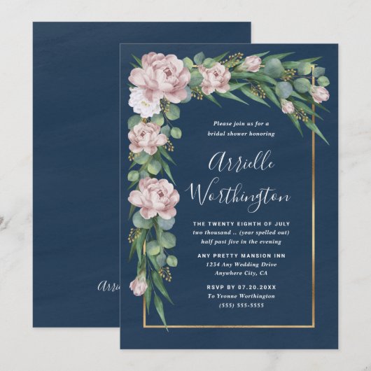 Bruiloftsfeest Navyblauw & Stof Roze Groen Kaart (Voorkant / Achterkant)