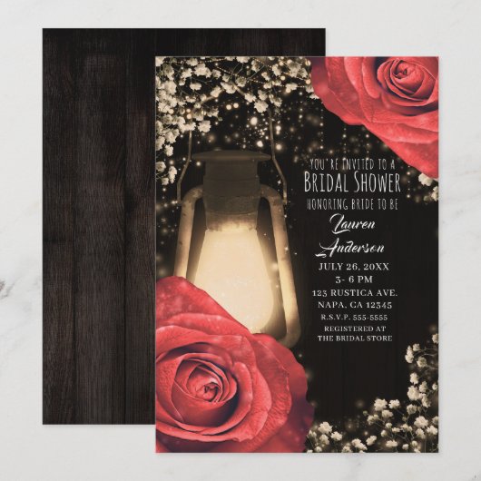 Bruiloftsfeest 'Rustic Glow Lantern & Red Roses' Kaart (Voorkant / Achterkant)