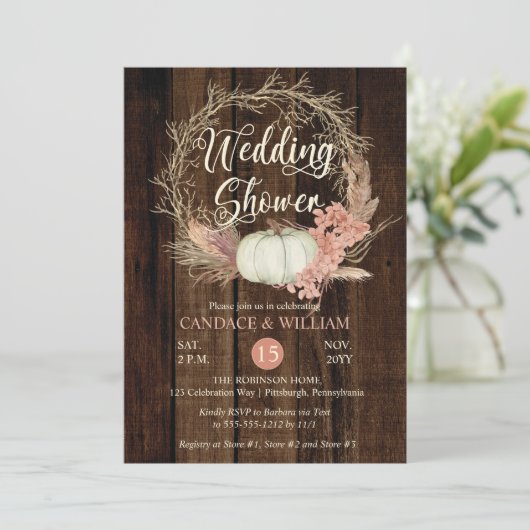 Bruiloftsfeest - Rustieke Pompoen Pampas Krans Kaart (Staand voorkant)