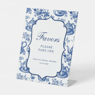 Bruiloftsfeest Theepartij Blauw Witte Favoren Reclamebord Met Voetstuk