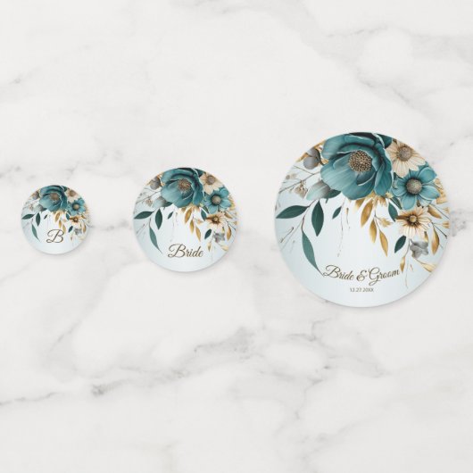 Bruiloftsfeest Turquoise Witte Bloem Gouden Blader Confetti (Voorkanten)