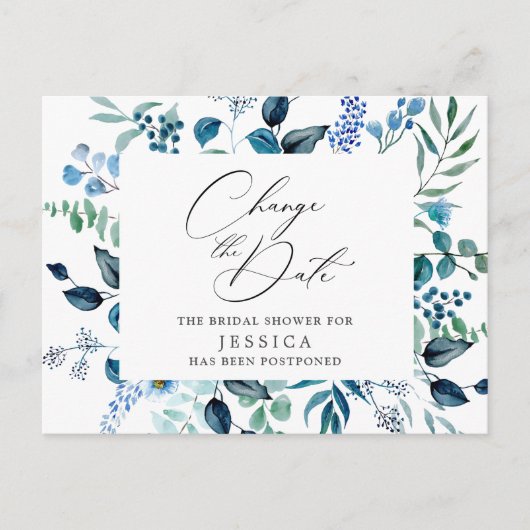 Bruiloftsfeest uitgesteld datum Elegante blauwe ro Briefkaart (Voorkant)