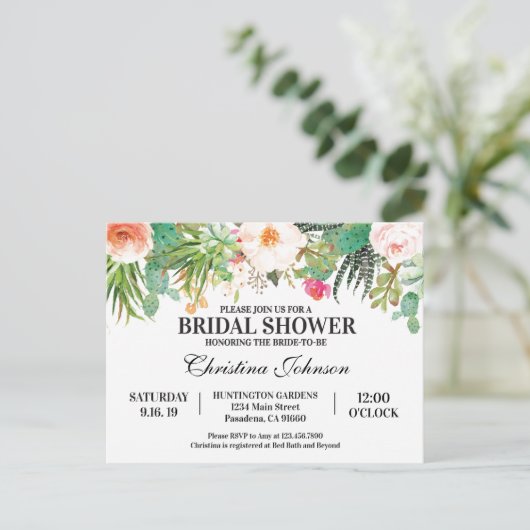 Bruiloftsfeest uitnodiging met succulenten, cactus (Staand voorkant)