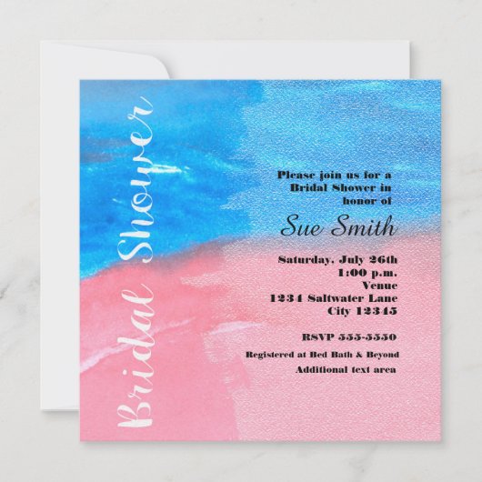 Bruiloftsfeest Waterverf Blauw & Roze Uitnodiging (Voorkant)