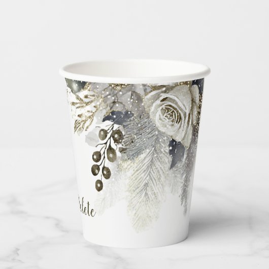 Bruiloftsfeest Waterverf Zilver Gouden Witte Rozen Papieren Bekers (Achterkant)