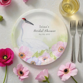 Bruiloftsfeest Whooping Crane met Pastel Anemones Papieren Bordje