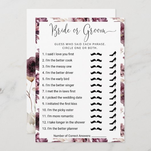 Bruiloftsfeest Wie kent het koppel het beste? spel Kaart (Voorkant / Achterkant)