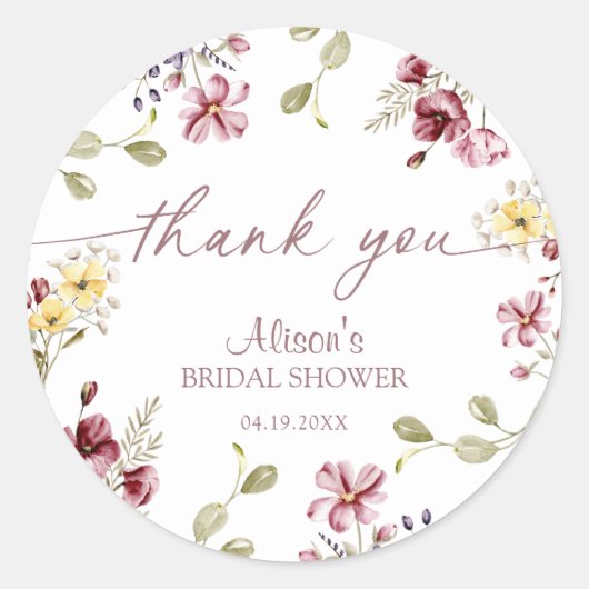 Bruiloftsfeest Wildflower Calligraphy Mauve Ronde Sticker (Voorkant)