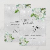 Bruiloftsfeest zilver glitter witte bloemen bedankkaart (Voorkant / Achterkant)