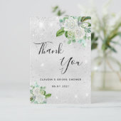 Bruiloftsfeest zilver glitteren witte bloemen bedankkaart (Staand voorkant)