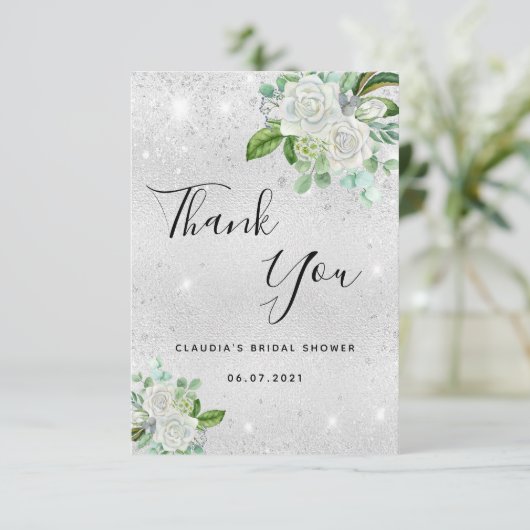 Bruiloftsfeest zilver glitteren witte bloemen bedankkaart (Staand voorkant)