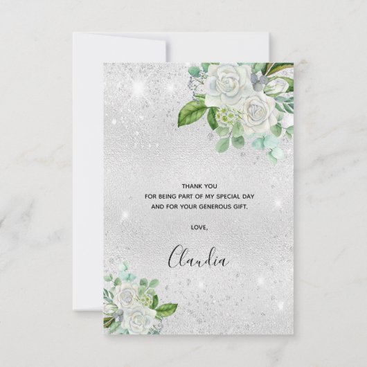 Bruiloftsfeest zilver glitteren witte bloemen bedankkaart (Achterkant)