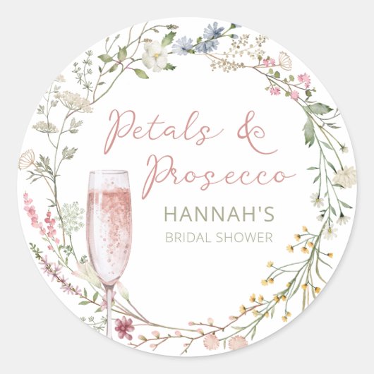 Bruiloftsfeestje favor met bloemblaadjes en Prosec Ronde Sticker (Voorkant)