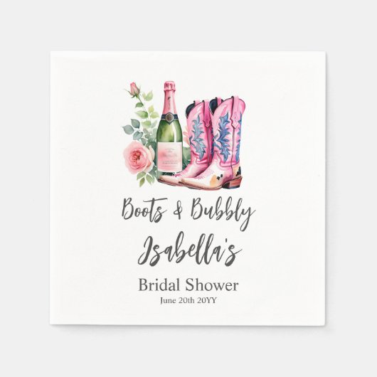 Bruiloftsfeestje met laarzen en bubbels roze servet (Voorkant)