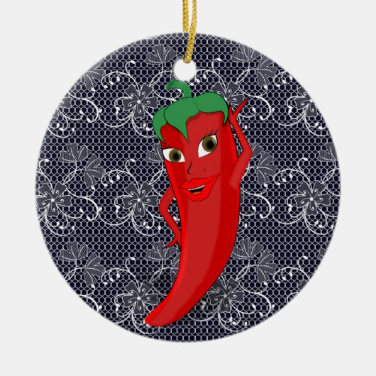 Bruiloftsfeestje met rode hete peper diva keramisch ornament (Voorkant)