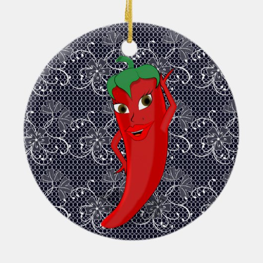 Bruiloftsfeestje met rode hete peper diva keramisch ornament (Achterkant)