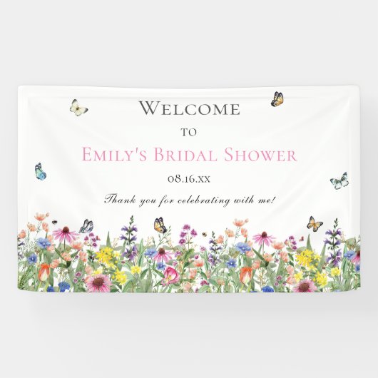 Bruiloftsfeestje met zomerbloemen en vlinders spandoek (Horizontaal)