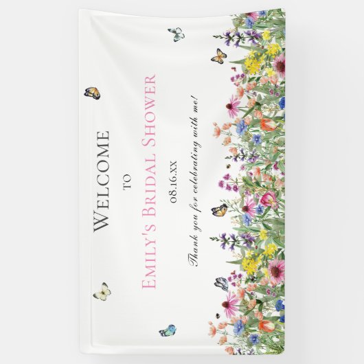 Bruiloftsfeestje met zomerbloemen en vlinders spandoek (Verticaal)