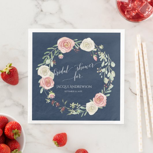 Bruiloftsfeestje Navy Blush Ivoor Rozenkrans Servet (Insitu)