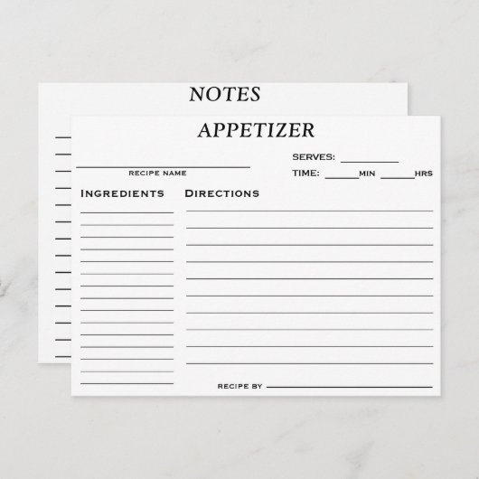 Bruiloftsfeestje Voorgerechten Recept Kaart (Voorkant / Achterkant)