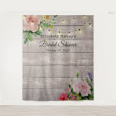 Bruiloftsfoto-achtergrond Bloemen Houten Lichtjes Wandkleed (Voorkant)