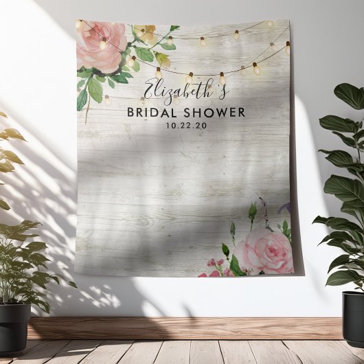 Bruiloftsfoto-achtergrond Bloemen Houten Lichtjes Wandkleed