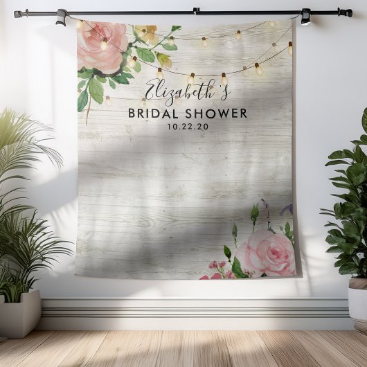 Bruiloftsfoto-achtergrond Bloemen Houten Lichtjes Wandkleed