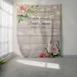 Bruiloftsfoto-achtergrond Bloemen Houten Lichtjes Wandkleed