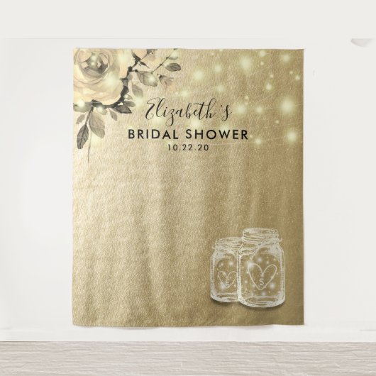 Bruiloftsfoto-achtergrond Gouden bloemenvase Mason Wandkleed (Voorkant)