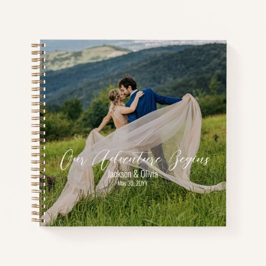 Bruiloftsfoto, Elegant Goud en Wit Script Notitieboek (Voorkant)