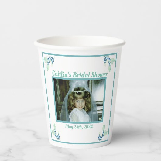 Bruiloftsfoto in Aqua Papieren Bekers (Voorkant)