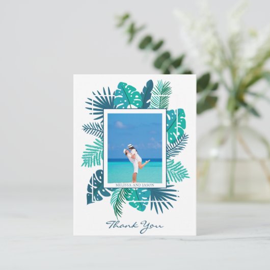 Bruiloftsfoto met strandgebladerte Aangepaste dank Briefkaart (Staand voorkant)