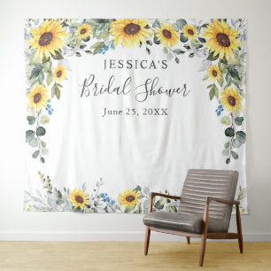 Bruiloftsfotobehang met zonnebloemen en eucalyptus wandkleed