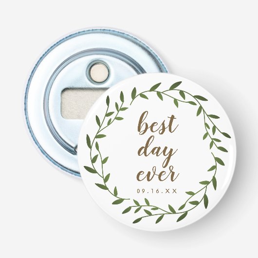 Bruiloftsgeschenk met krans voor de mooiste dag oo button flesopener (Voorkant)