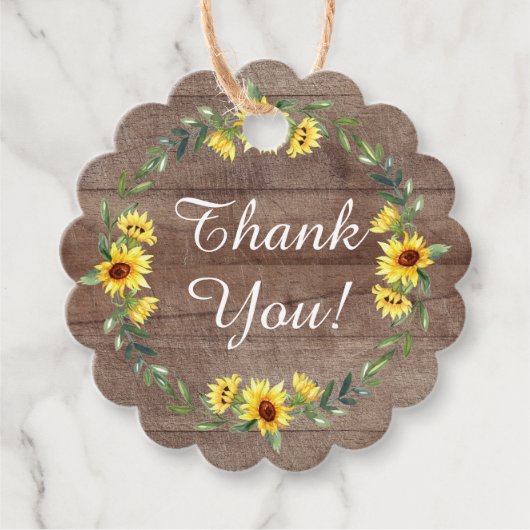 Bruiloftsgeschenklabel met rustieke zonnebloem bedankjes labels (Voorkant)