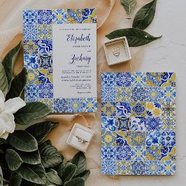 Bruiloftsinvitaties met rustieke tegel blauw geel kaart
