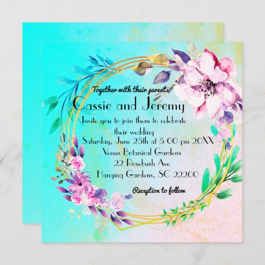 Bruiloftsinvitation met levendige bloemenkrans kaart (Voorkant / Achterkant)