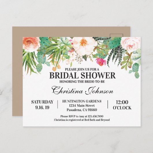 Bruiloftsinvitation met succulenten, cactus briefkaart (Voorkant / Achterkant)