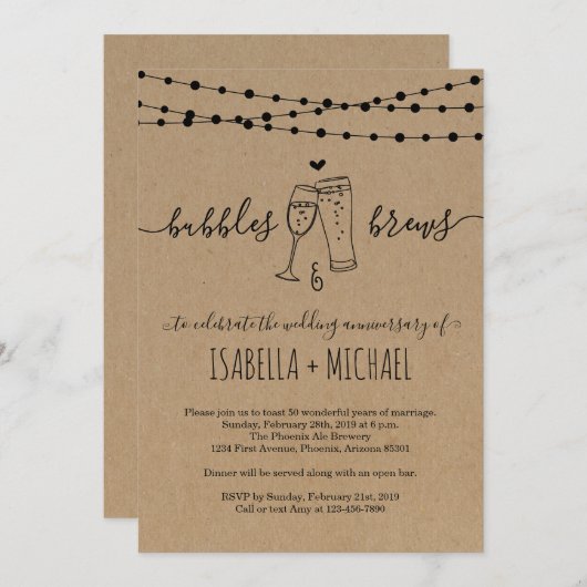 Bruiloftsjubileumfeest Bubbles & Brews Kaart (Voorkant / Achterkant)