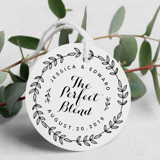 Bruiloftskoffie met loofkrans Het Perfecte Mengsel Bedankjes Labels