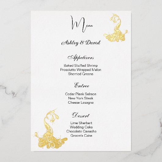 Bruiloftsmenu kaart met pauwenfolie (Voorkant)
