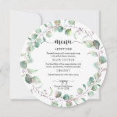 Bruiloftsmenu met groene eucalyptus cirkel kaart (Voorkant)