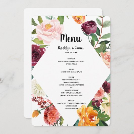 Bruiloftsmenu met prachtige herfstbloemen menu (Voorkant / Achterkant)