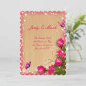 Bruiloftsmenu met roze bloemen en vlinders op rust kaart (Staand voorkant)