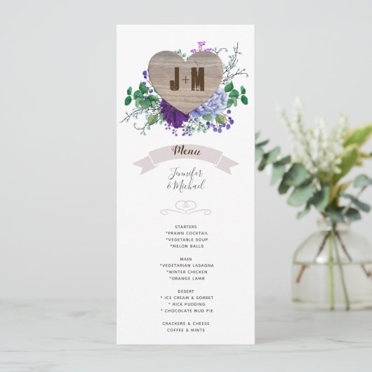 Bruiloftsmenu 'Rustic Heart' met blauwe waterverf Kaart (Staand voorkant)