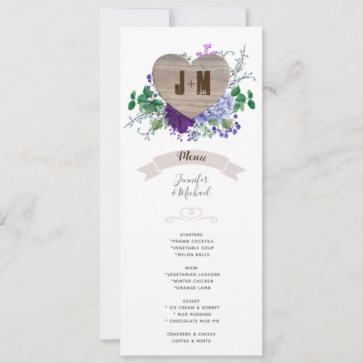 Bruiloftsmenu 'Rustic Heart' met blauwe waterverf  Kaart (Voorkant)