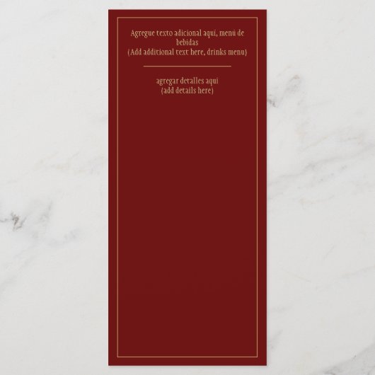 Bruiloftsmenu Tweetalig Spaans Engels Bordeaux Gou Menu (Achterkant)